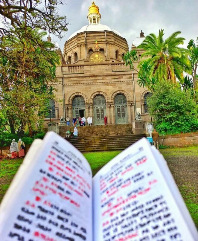 a book open in front of a building with a dome and trees